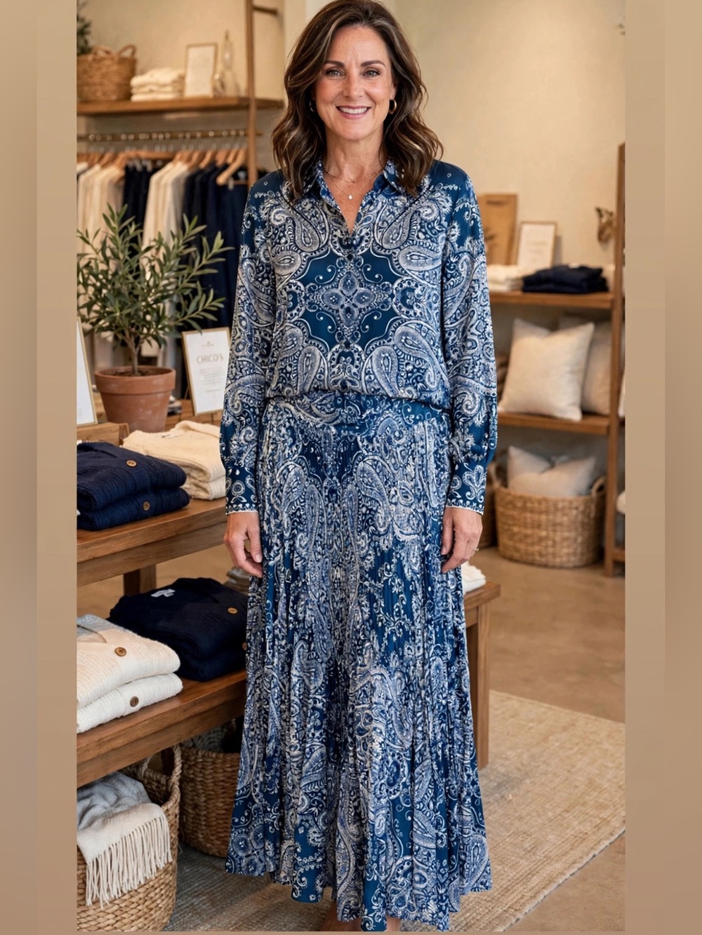 Chico’s || The Tile Paisley Relic Skirt Blouse Set Seaport Blue Medium / 10 NWT